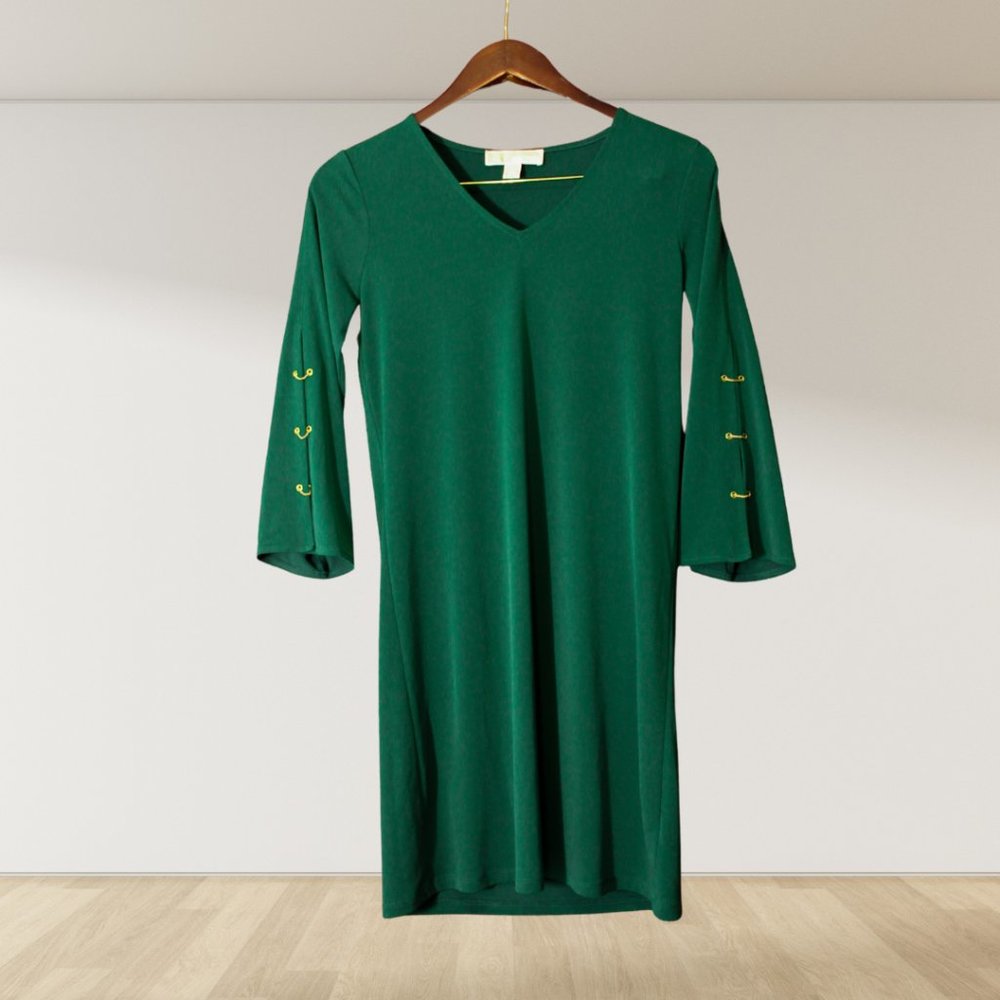 Michael Kors Emerald Green Long Sleeved Dress with Gold Chains